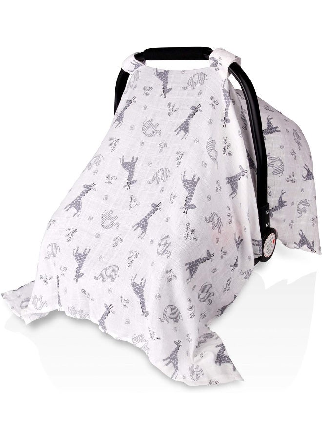 Metplus Baby Car Seat Covers for Boys Girls, Muslin Infant Carseat Canopy, Lightweight Breathable Newborn Carrier Canopies Stroller Cover, Universal Fit Large Size 47.2 x 35.4 inch, Elephant Giraffe - Image 1